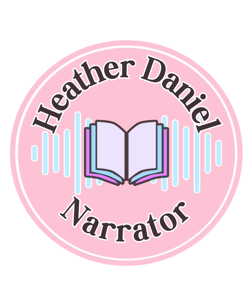 Logo for Heather Daniel, Narrator, featuring an open book with sound waves on a pink background.