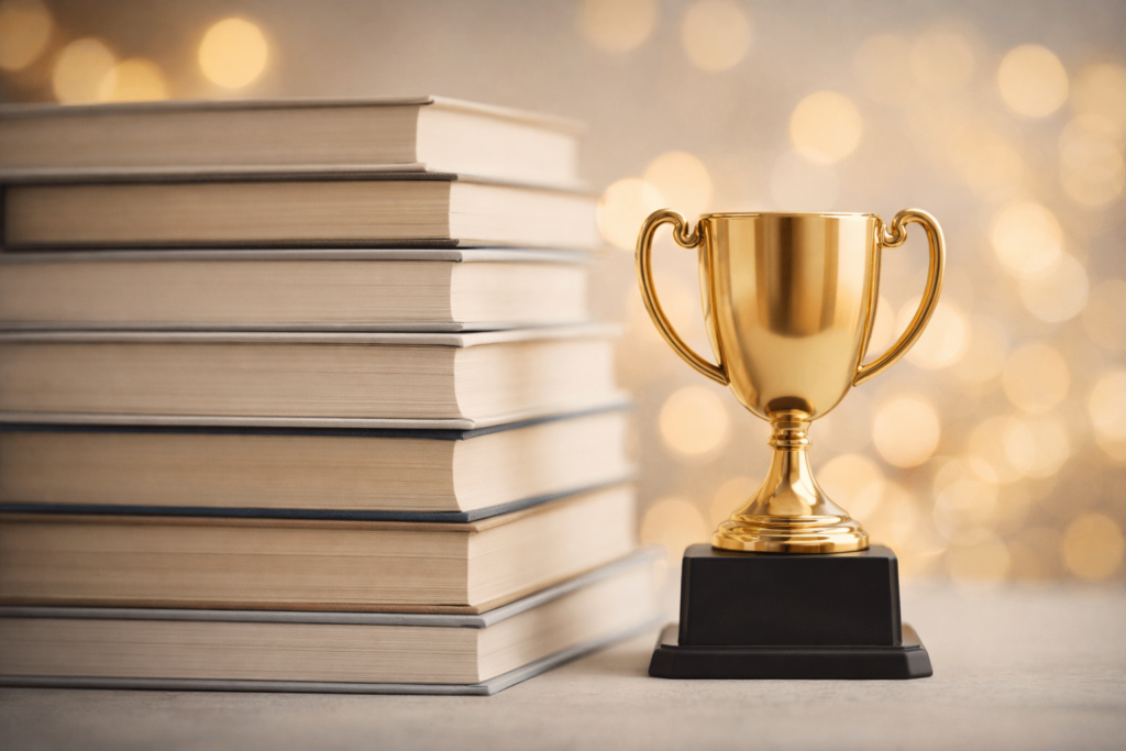 Gold trophy beside a stack of books representing the BookTok Indie Author Awards.