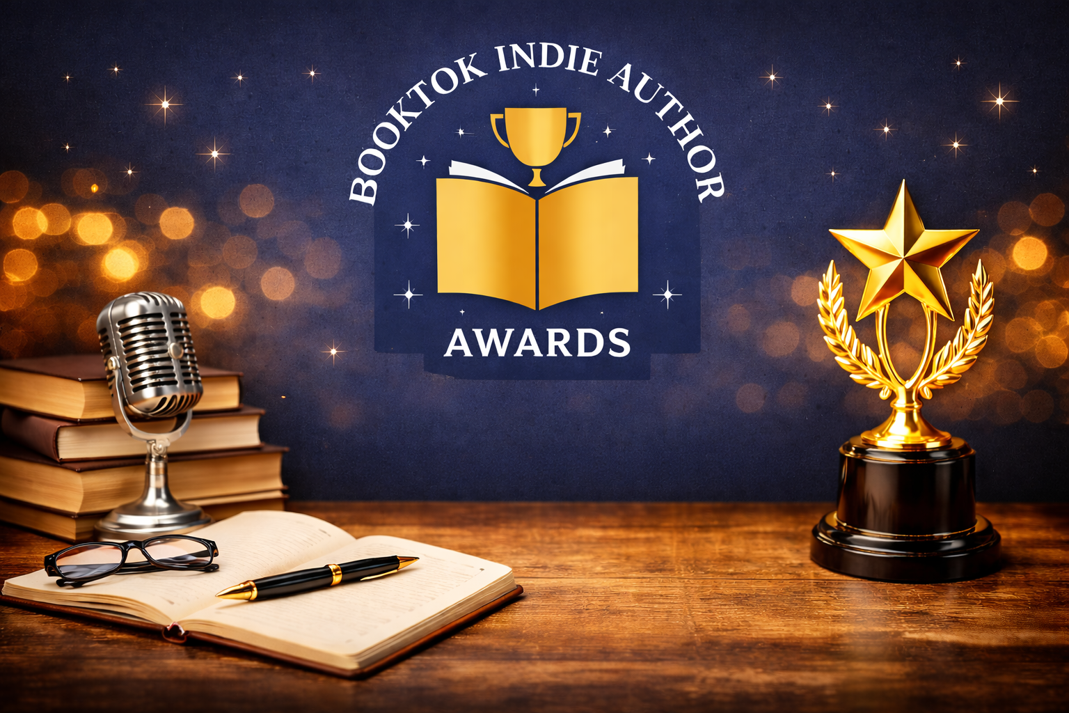 BookTok Indie Author Awards banner featuring the awards logo, books, microphone, and trophy